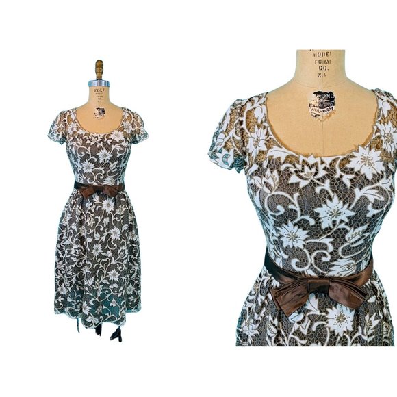Vintage 1950s Lace Dress Brown Battenburg Spring SheathW 26